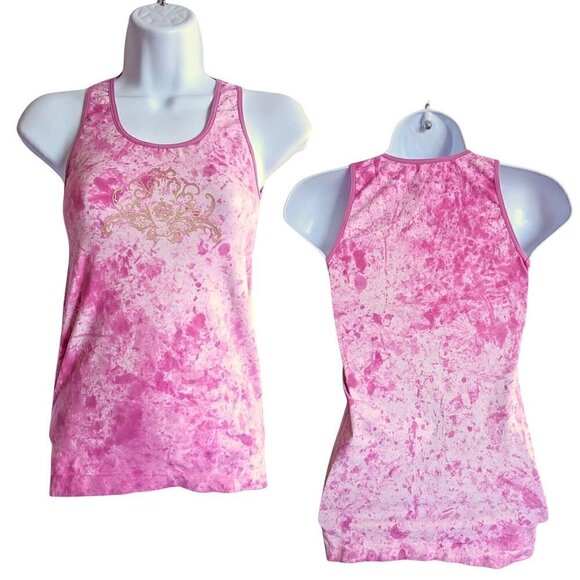 Athleta Tops - ATHLETA Pink Tank Top Tie Dye with Golden Swirl Decal Size S